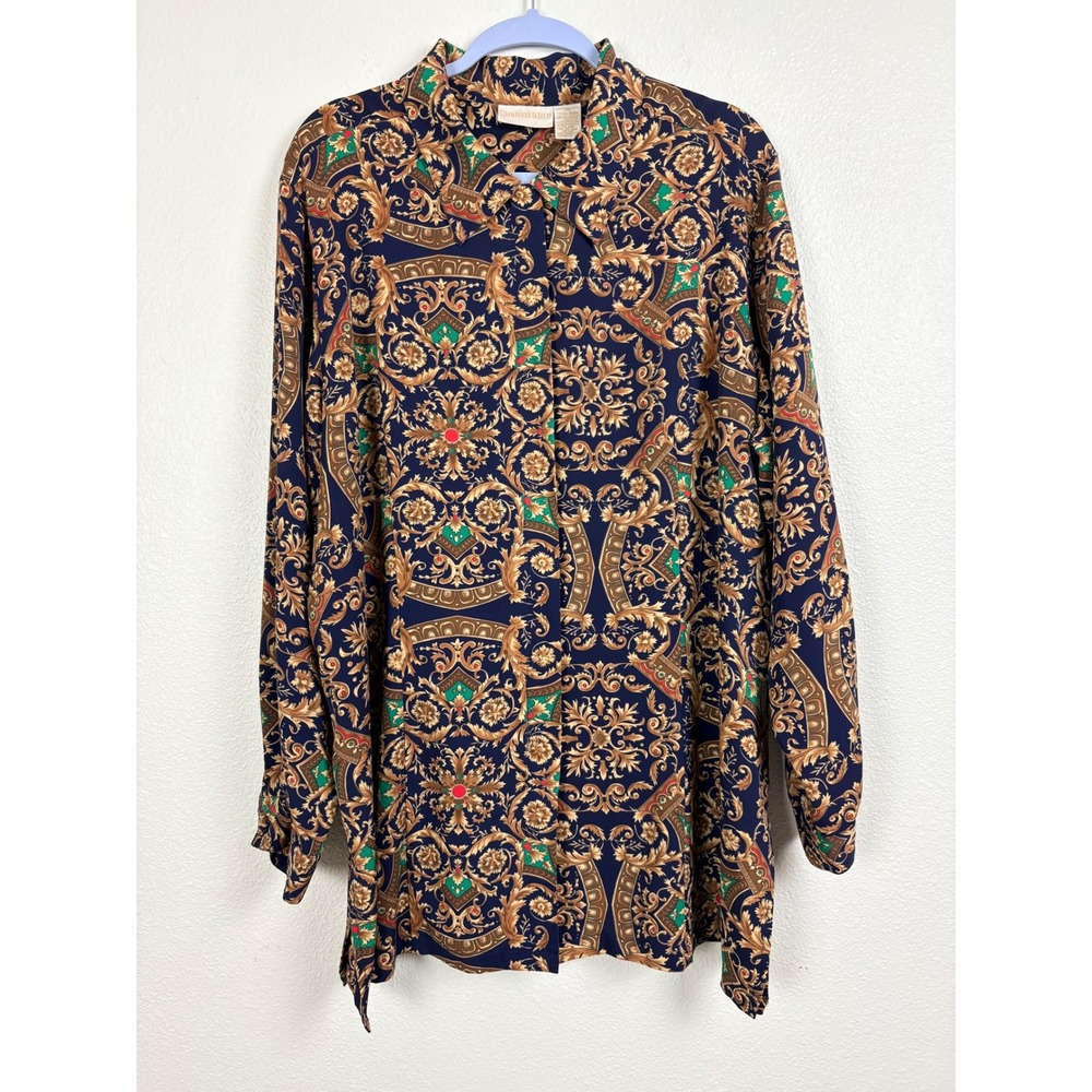Christie & Jill Womens 2X Baroque Scroll Print Button Down Shirt Navy Gold Green